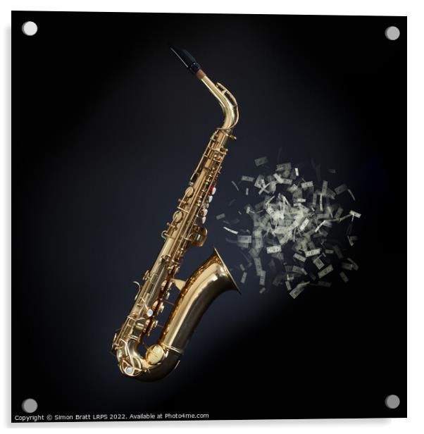 Saxophone with money coming from bell on black Acrylic by Simon Bratt LRPS