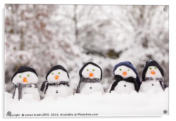 Five cute snowmen facing forward Acrylic by Simon Bratt LRPS