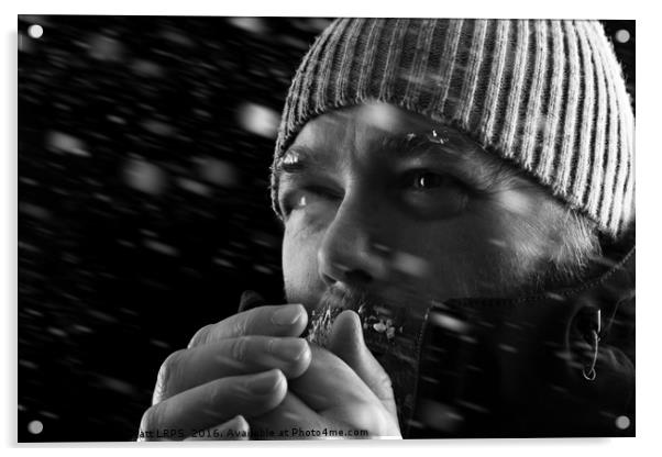 Man freezing in snow storm BW Acrylic by Simon Bratt LRPS