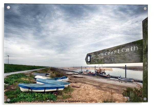 Norfolk coastal path sign and boats Acrylic by Simon Bratt LRPS