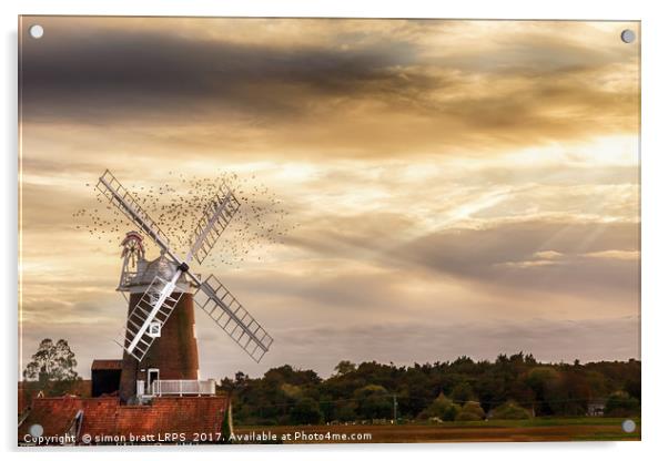 Cley windmill Norfolkwith flock of birds at sunse Acrylic by Simon Bratt LRPS