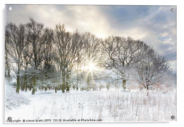 Snow covered rural trees with early morning sunris Acrylic by Simon Bratt LRPS