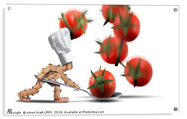Cute chef box character catching tomatoes Acrylic by Simon Bratt LRPS