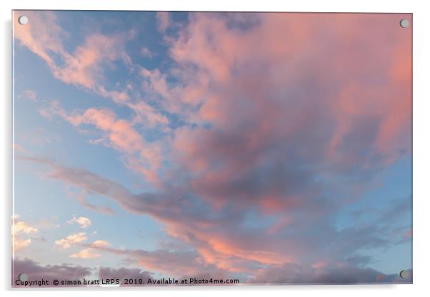 Pink clouds and blue skies at sunset 0162 Acrylic by Simon Bratt LRPS