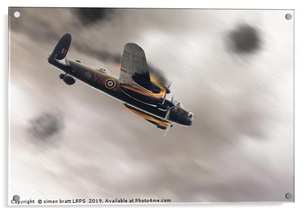 Lancaster bomber on fire crashing Acrylic by Simon Bratt LRPS
