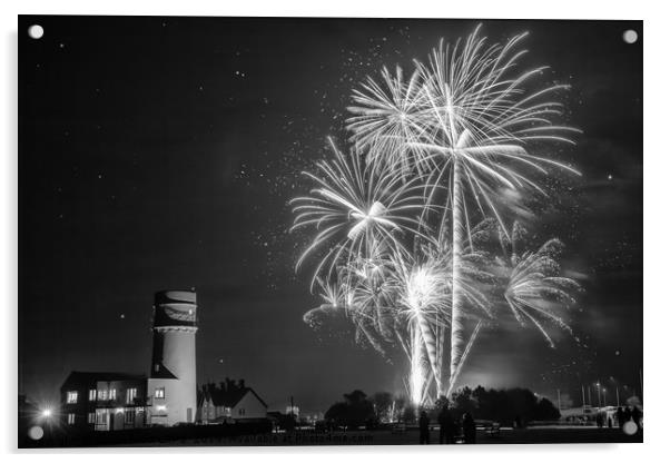 Amazing fireworks at night over lighthouse Acrylic by Simon Bratt LRPS