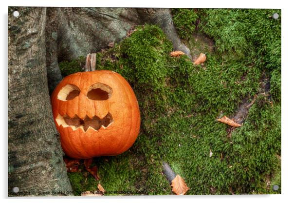 Scary halloween pumpkin in the woods Acrylic by Simon Bratt LRPS