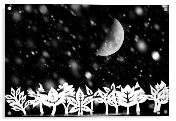 Fantasy winter trees with moon and snow Acrylic by Simon Bratt LRPS