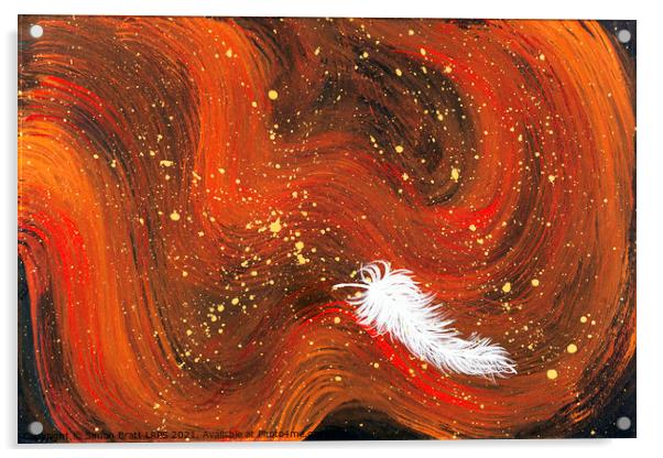 Spiritual white feather and orange magical swirls Acrylic by Simon Bratt LRPS