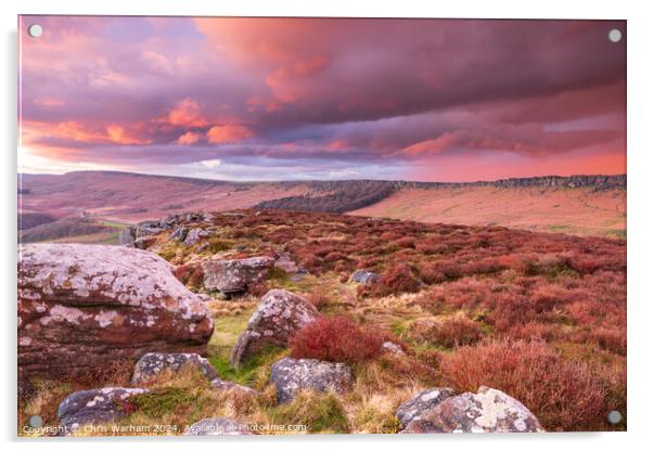 Sunset and dramatic sky over Stanage Edge - Peak District  Acrylic by Chris Warham