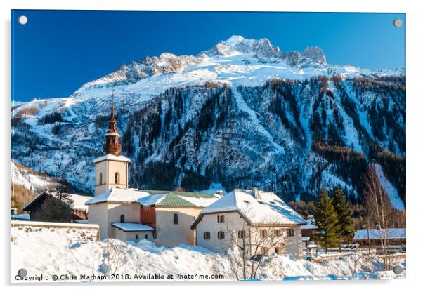 Argentiere village and church in winter.  Acrylic by Chris Warham