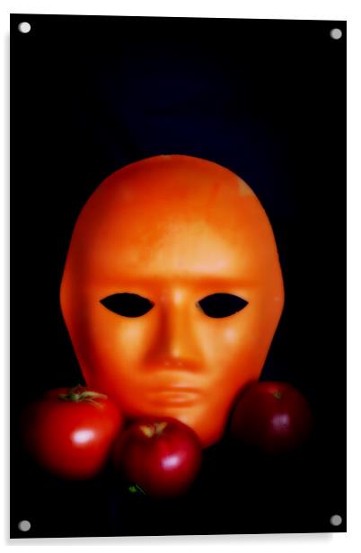 Minimalistic still life with a mask, a tomato and red apples Acrylic by Jose Manuel Espigares Garc