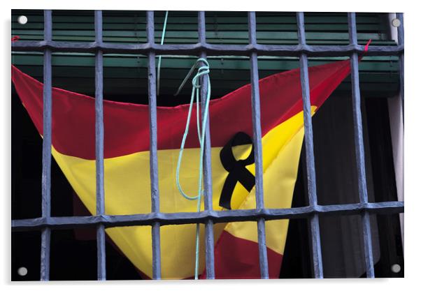 This is the Spanish flag with a black ribbon as a  Acrylic by Jose Manuel Espigares Garc
