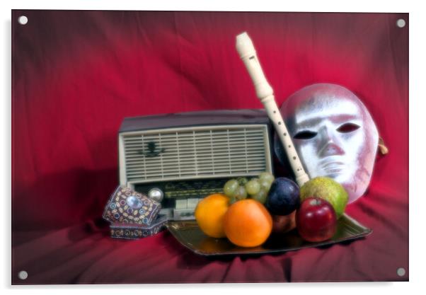 Still life with an old radio, mask and some fruit Acrylic by Jose Manuel Espigares Garc