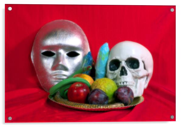 Still life with fruit, a skull and a mask Acrylic by Jose Manuel Espigares Garc