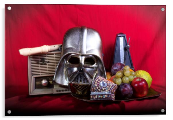 Still life with an old radio, mask and some fruit Acrylic by Jose Manuel Espigares Garc