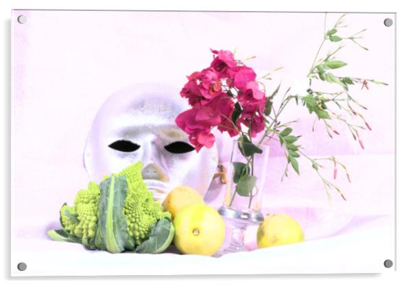 Broccoli, lemons, mask and flowers in high key Acrylic by Jose Manuel Espigares Garc