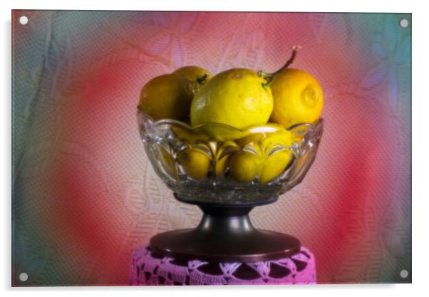 Rather ninimalistic still life with a glass bowl full of fruit Acrylic by Jose Manuel Espigares Garc