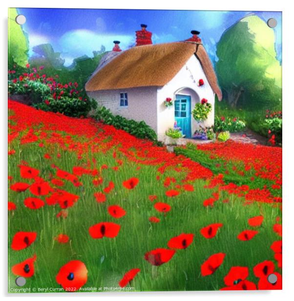 Quaint Thatched Cottage amid Wild Poppies Acrylic by Beryl Curran