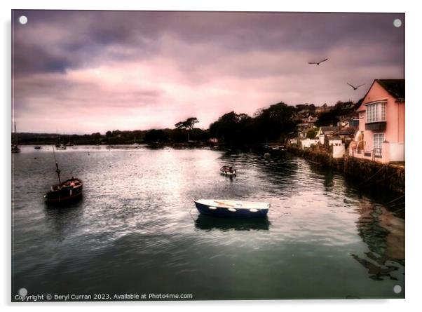 Serene Boats in Moody Pink and Blue Skies Acrylic by Beryl Curran