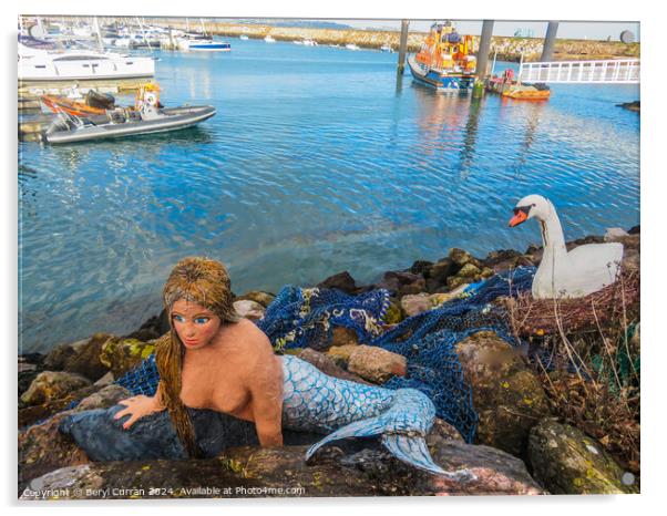 The Brixham Mermaid and Swan Acrylic by Beryl Curran