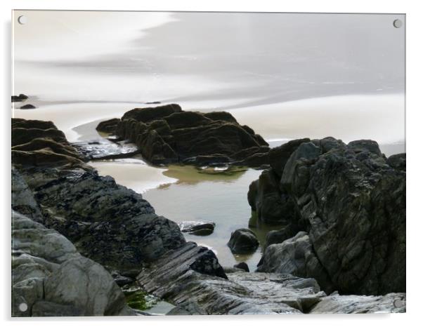 Rocks on beach Woolacombe  Acrylic by Beryl Curran