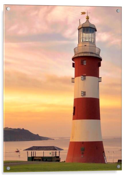 Smeaton’s Tower on Plymouth Hoe  sunset  Acrylic by Beryl Curran