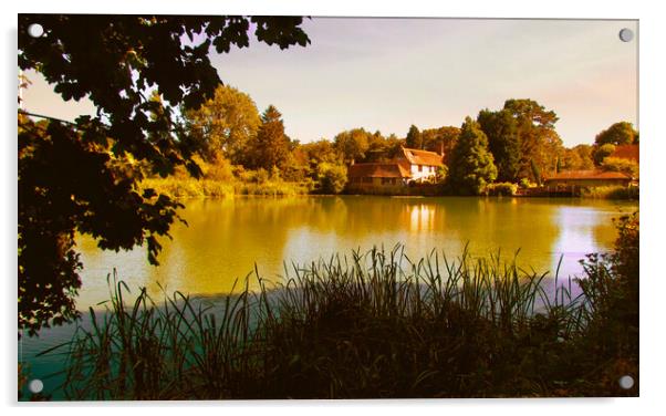 The Country House across the lake. Sussex Acrylic by Beryl Curran