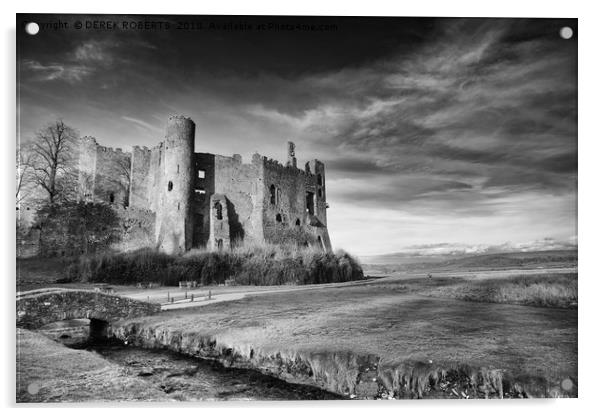 Laugharne Castle in Black and White Acrylic by DEREK ROBERTS
