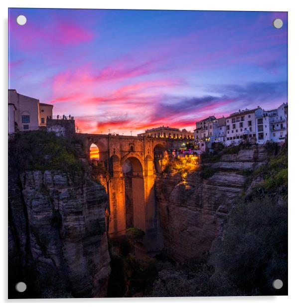 Ronda Puente Nuevo sunset, Spain.  Acrylic by John Finney