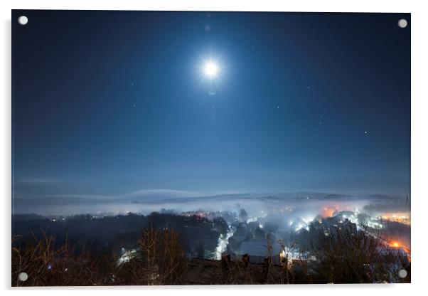 Full Moon over freezing fog, New Mills Acrylic by John Finney