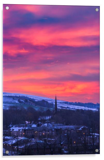 Red sky over New Mills St George's Church Acrylic by John Finney