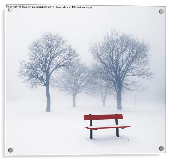 Winter trees and bench in fog Acrylic by ELENA ELISSEEVA