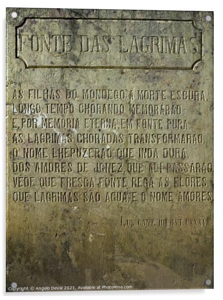 The Engraved Stone Slate of Fonte das Lagrimas Acrylic by Angelo DeVal