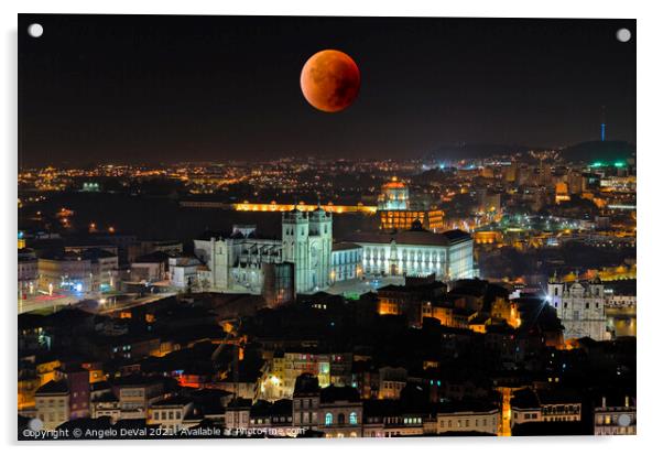 Porto City and Blood Moon Acrylic by Angelo DeVal