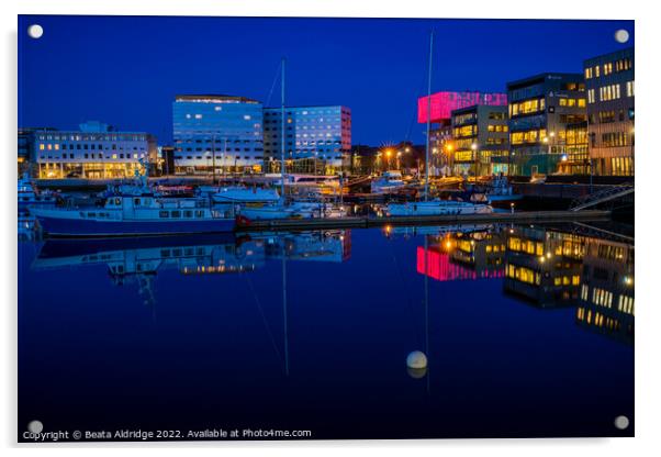 Trondheim blue hour reflections Acrylic by Beata Aldridge
