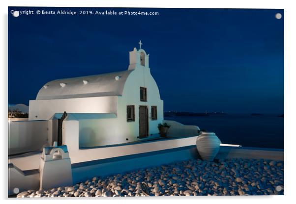 Whitewashed church in Oia at dusk. Acrylic by Beata Aldridge