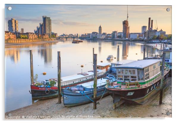 Barges on Thames Acrylic by Vladimir Korolkov