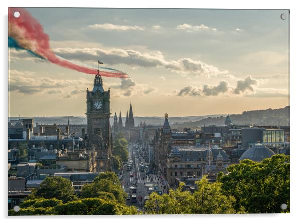 The world famous Red Arrow's over the City of Edinburgh skyline Acrylic by Miles Gray