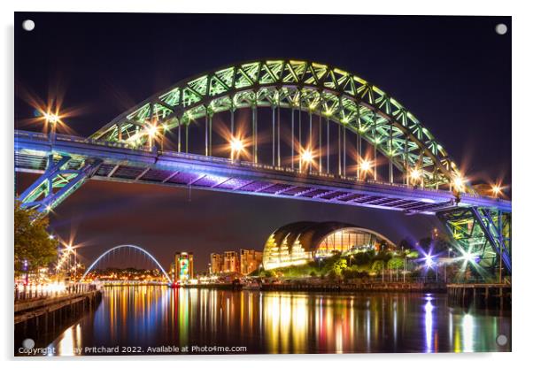 Sparkling Tyne Bridge: Newcastle's Night Jewel Acrylic by Ray Pritchard