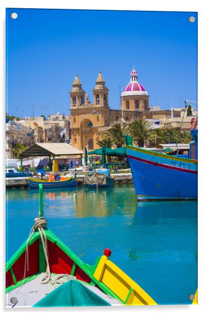 Marsalokk Harbour and  Parish Church.Malta Acrylic by Philip Enticknap