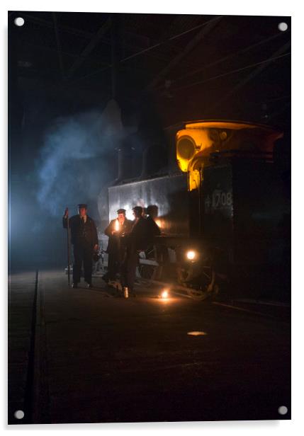 Group of railway workers around steam locomotive a Acrylic by Philip Enticknap