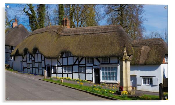 Thatched Cottage and War Memorial Wherwell,Hampshire ,England. Acrylic by Philip Enticknap