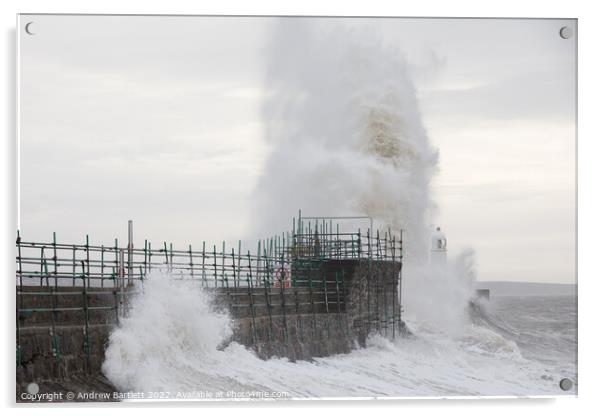 Waves crash over Porthcawl lighthouse Acrylic by Andrew Bartlett