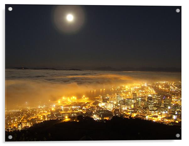 Fullmoon Fog Cape Town Landscape night Acrylic by Ralph Schroeder