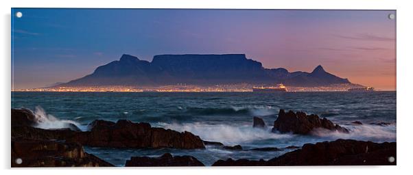 Table Mountain from Bloubergstrand Night Acrylic by John Hickey-Fry