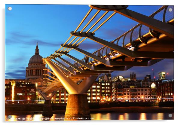 Millenium Bridge and St. Pauls at sunset, London;  Acrylic by Paul Phillips