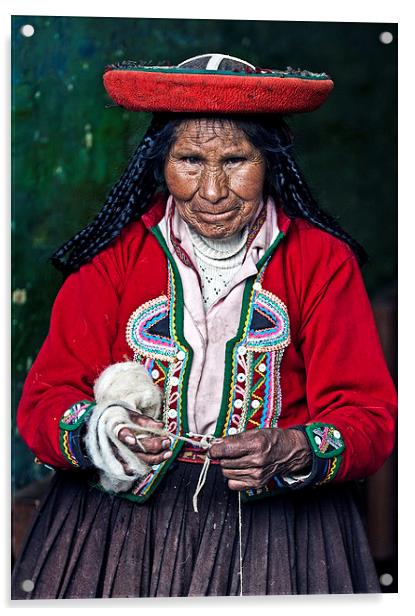 Peruvian woman weaving Acrylic by Kobby Dagan
