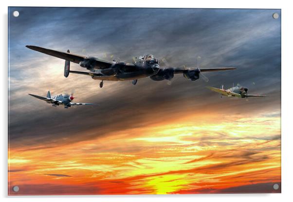 Lancaster and two spitfires at the End of the Day Acrylic by David Stanforth