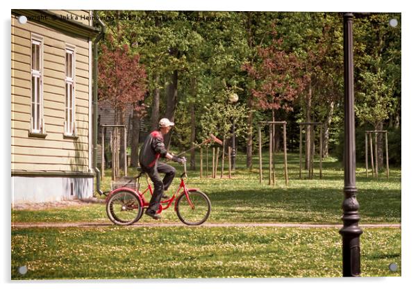 Park Worker Riding a Bike with a Rake Acrylic by Jukka Heinovirta